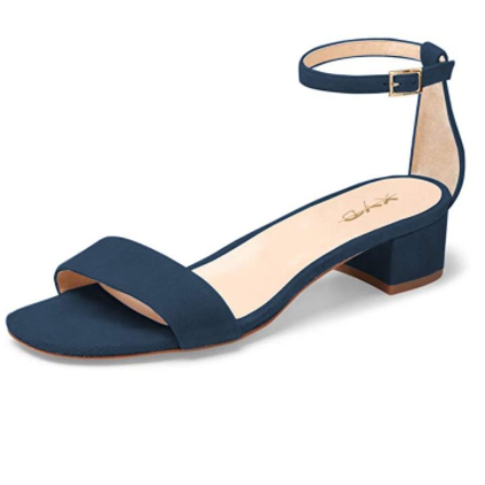 XYD Blue Open Toe Strappy Low Block Heel Ankle Strap Buckle Sandal